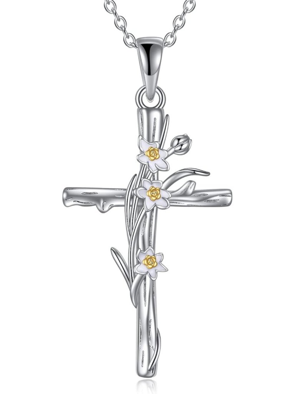Women's White Gold Religious Engraved Faith Hope Love Cross Pendant Necklace